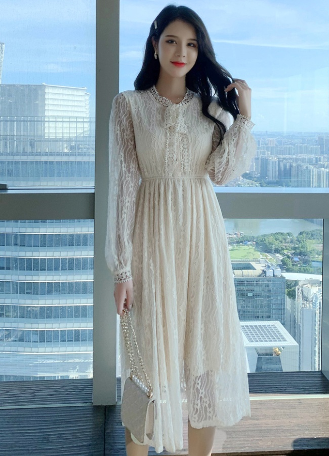 Light luxury show young autumn bottoming lace slim dress