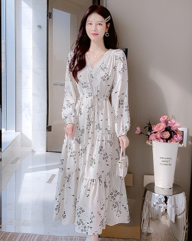 Slim chiffon puff sleeve V-neck printing France style dress