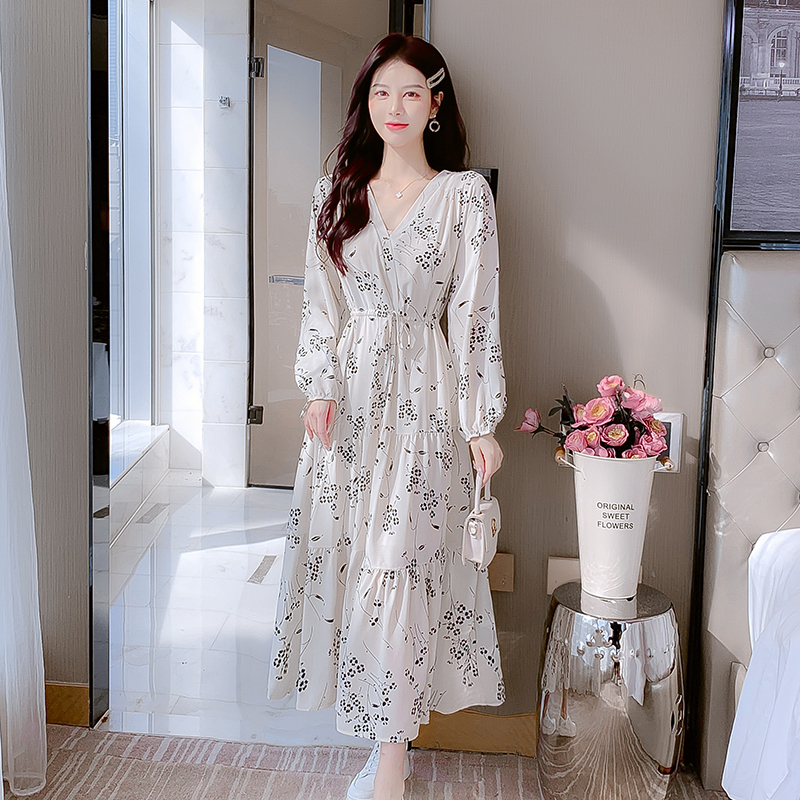Slim chiffon puff sleeve V-neck printing France style dress