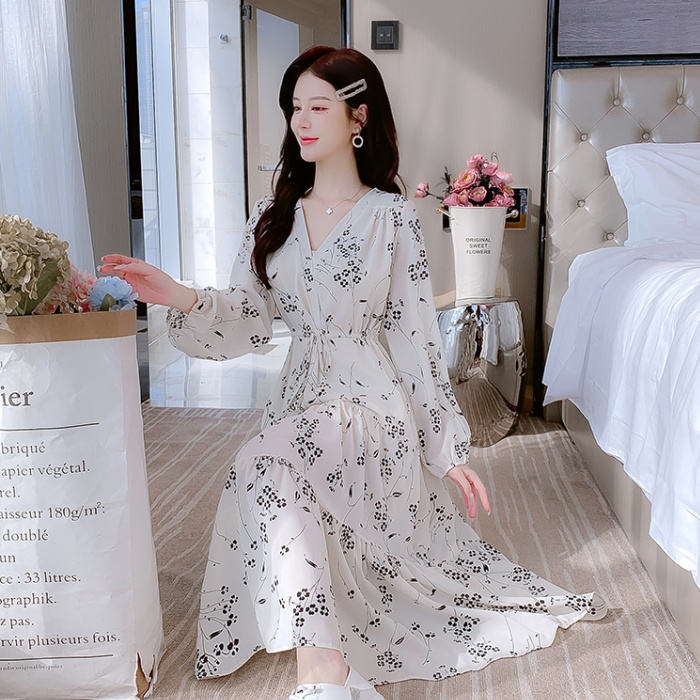 Slim chiffon puff sleeve V-neck printing France style dress