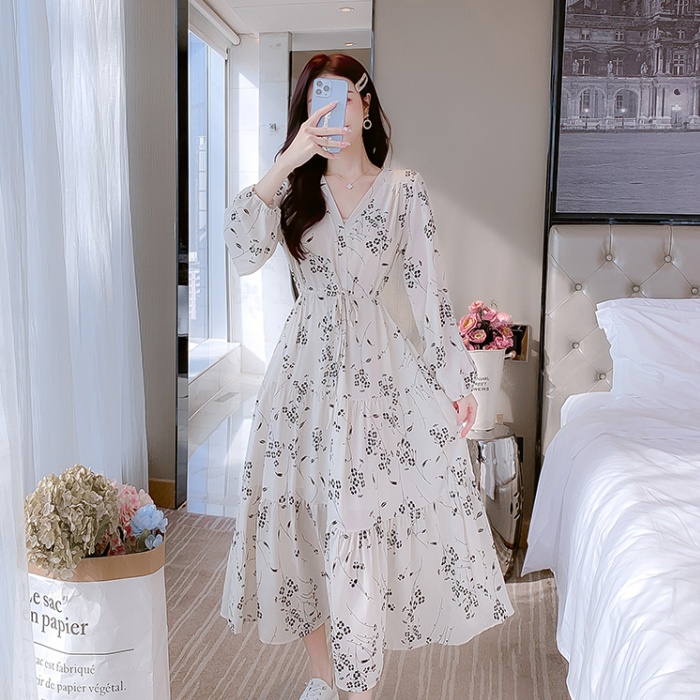 Slim chiffon puff sleeve V-neck printing France style dress