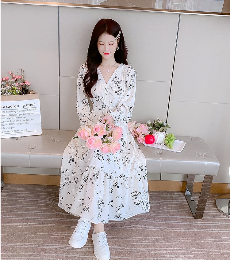 Slim chiffon puff sleeve V-neck printing France style dress