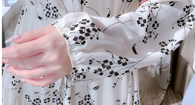 Slim chiffon puff sleeve V-neck printing France style dress