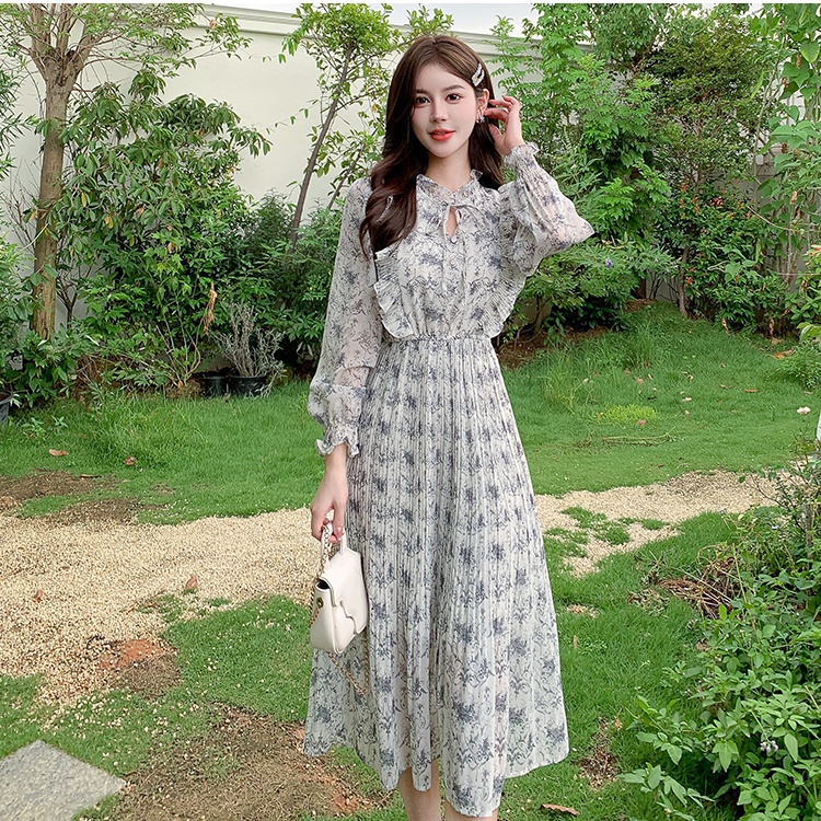 Slim printing chiffon pinched waist dress for women