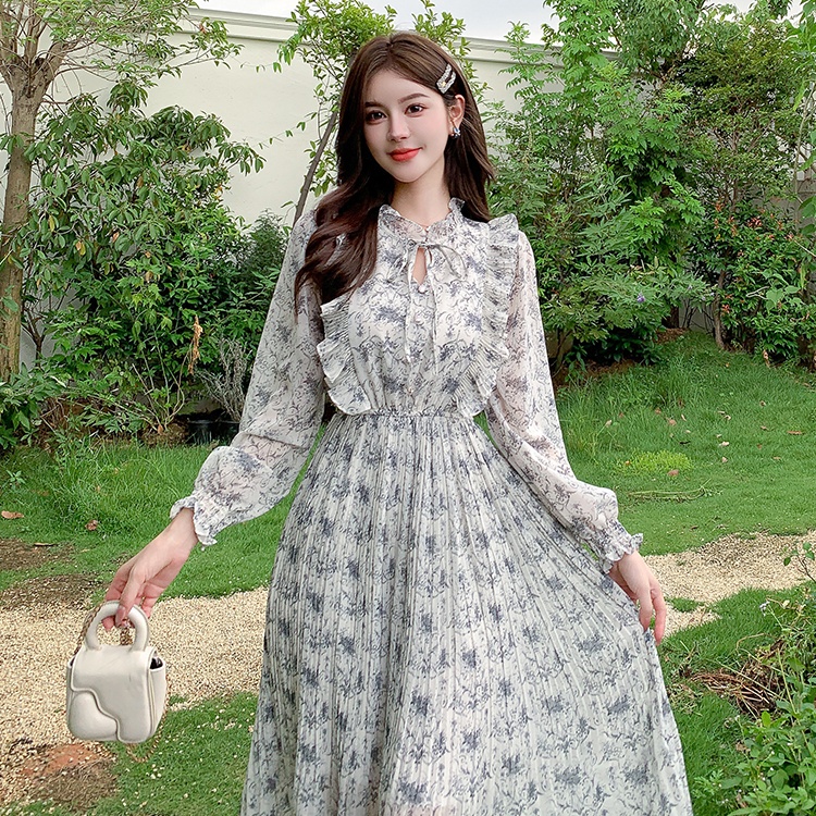 Slim printing chiffon pinched waist dress for women