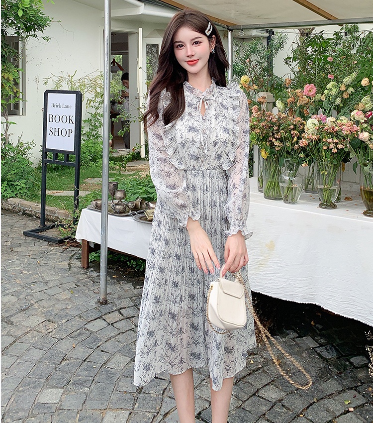 Slim printing chiffon pinched waist dress for women