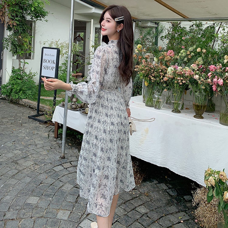 Slim printing chiffon pinched waist dress for women