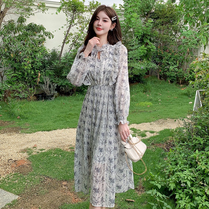 Slim printing chiffon pinched waist dress for women