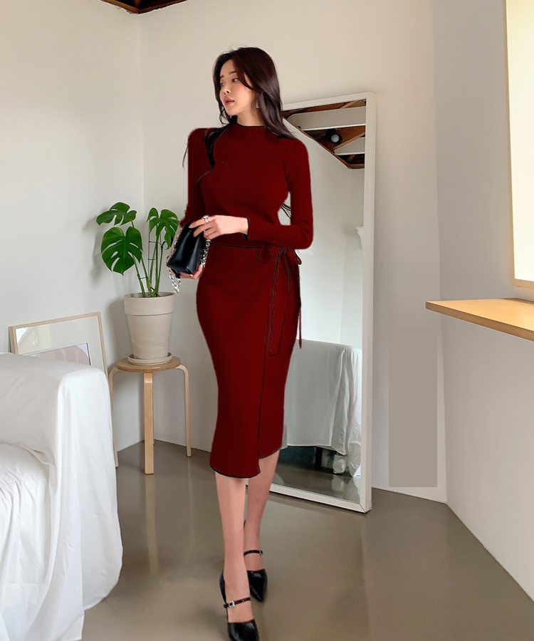 Half high collar autumn dress pinched waist sweater