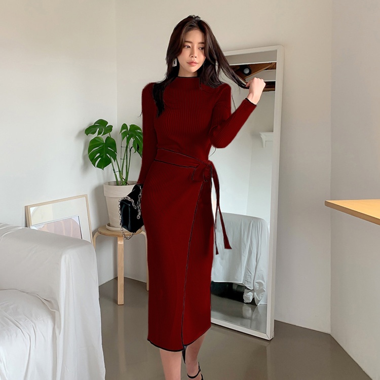 Half high collar autumn dress pinched waist sweater