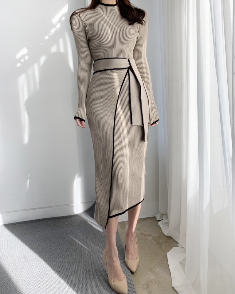 Half high collar autumn dress pinched waist sweater