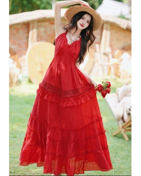 Red big skirt dress vacation beach dress