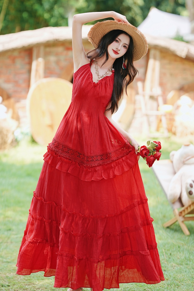 Red big skirt dress vacation beach dress