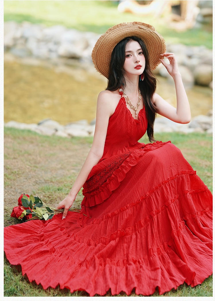 Red big skirt dress vacation beach dress