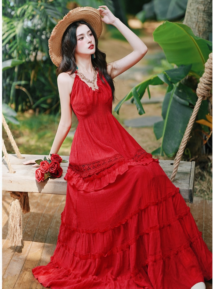 Red big skirt dress vacation beach dress