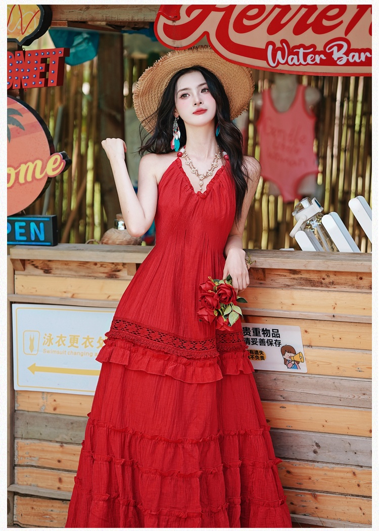 Red big skirt dress vacation beach dress