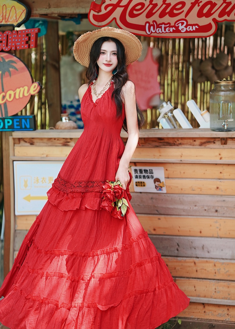 Red big skirt dress vacation beach dress