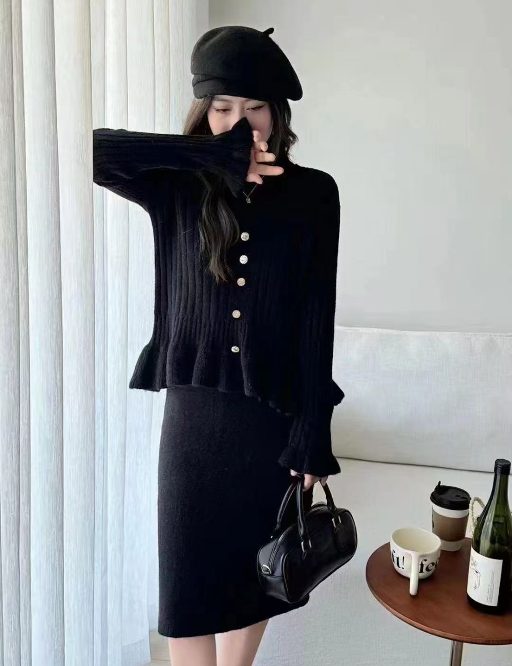 Lotus leaf edges sweater Korean style dress 2pcs set