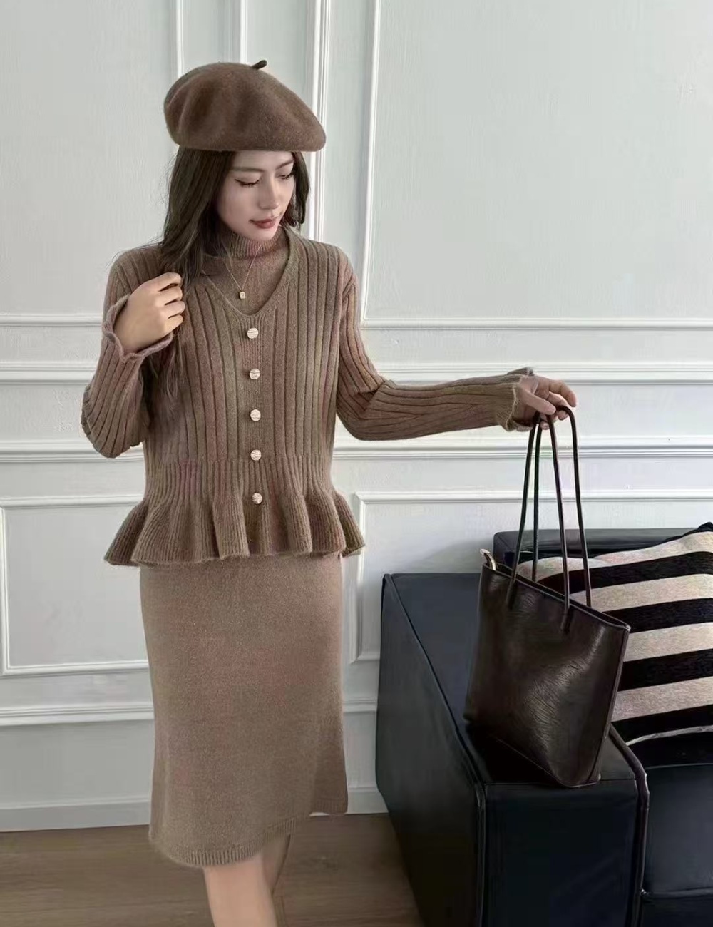 Lotus leaf edges sweater Korean style dress 2pcs set