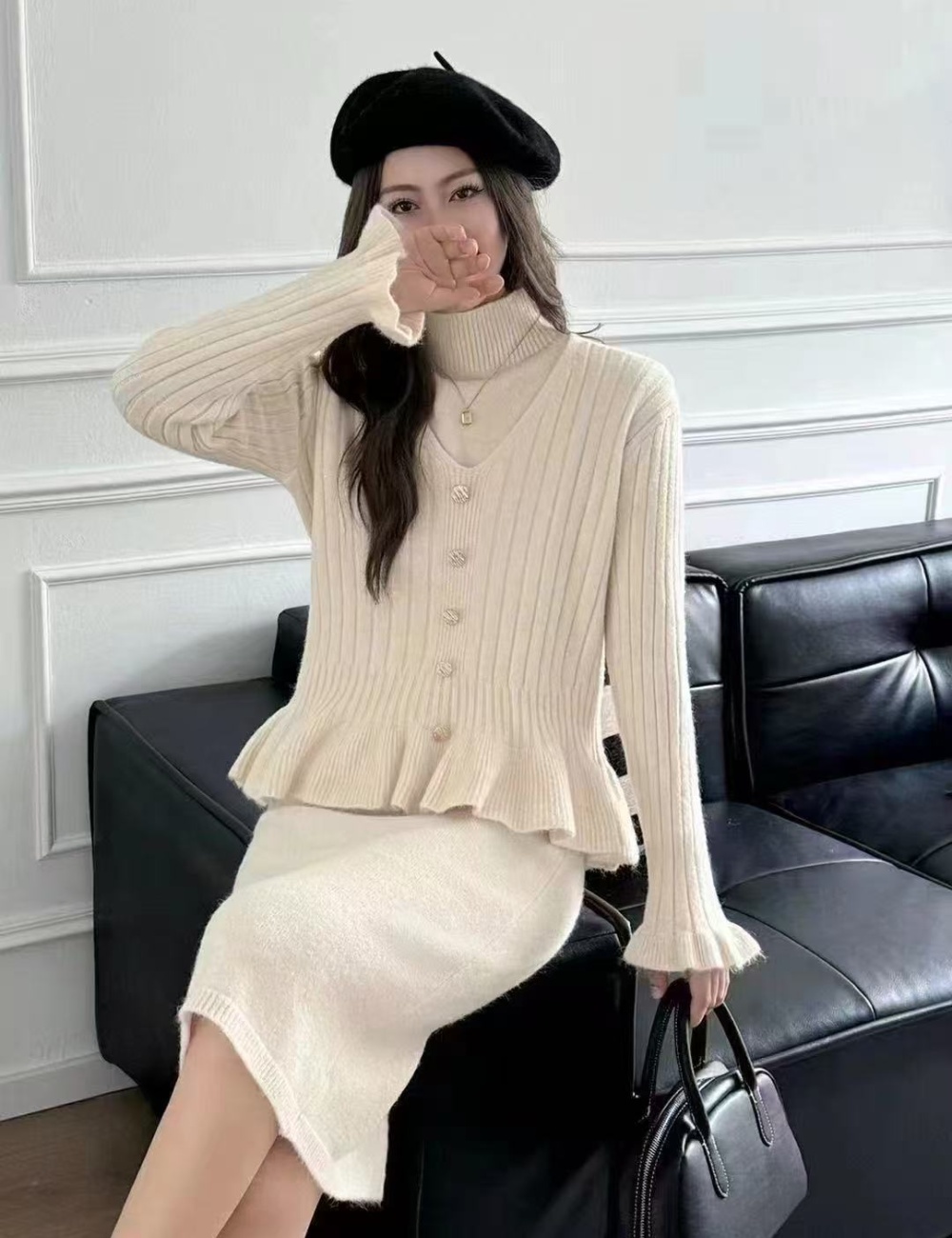 Lotus leaf edges sweater Korean style dress 2pcs set