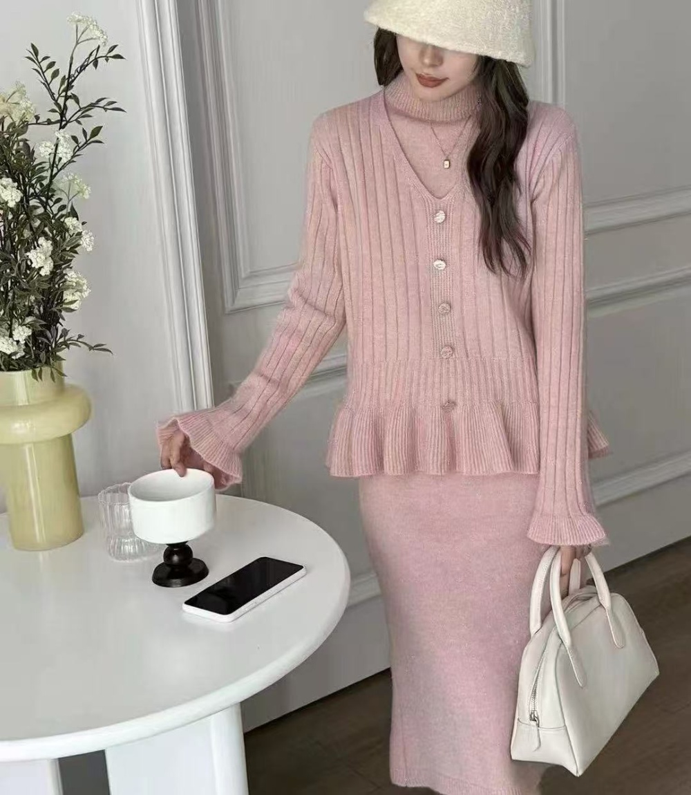 Lotus leaf edges sweater Korean style dress 2pcs set
