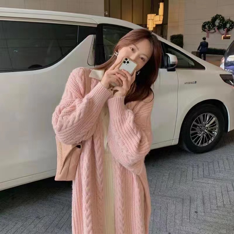Simple thick loose cardigan long retro sweater for women