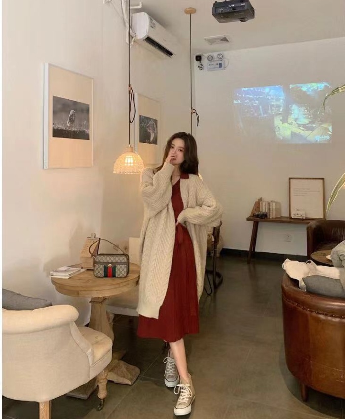 Simple thick loose cardigan long retro sweater for women