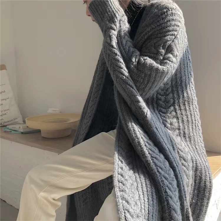Simple thick loose cardigan long retro sweater for women