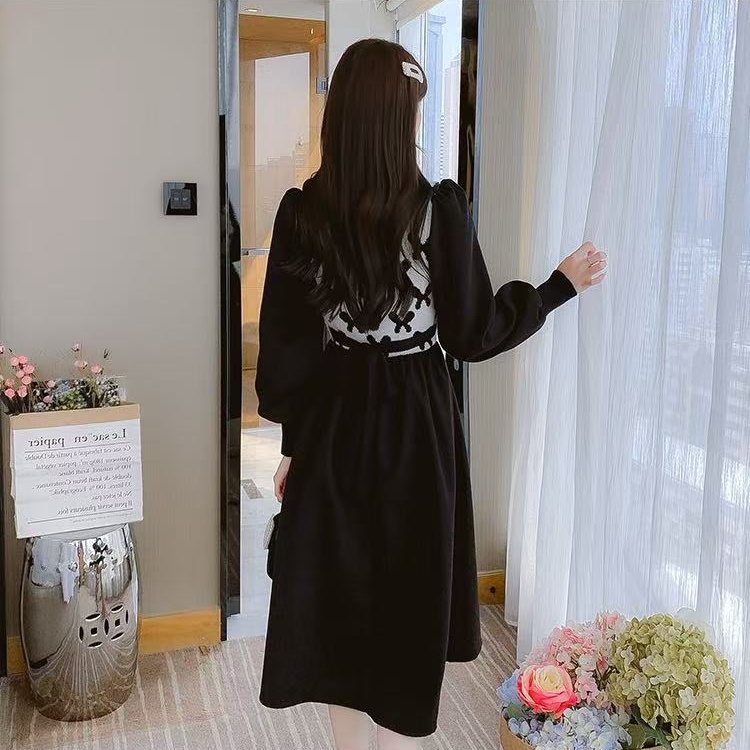 Elegant France style Korean style splice knitted retro dress