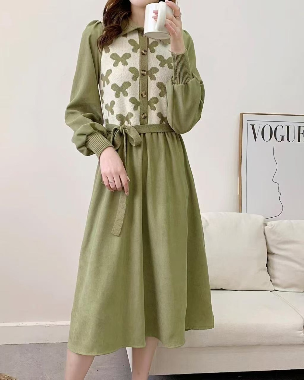 Elegant France style Korean style splice knitted retro dress