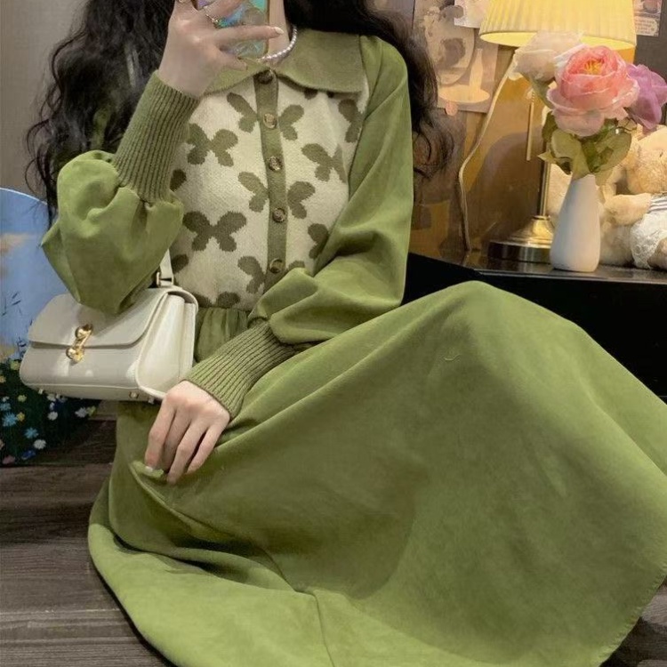 Elegant France style Korean style splice knitted retro dress