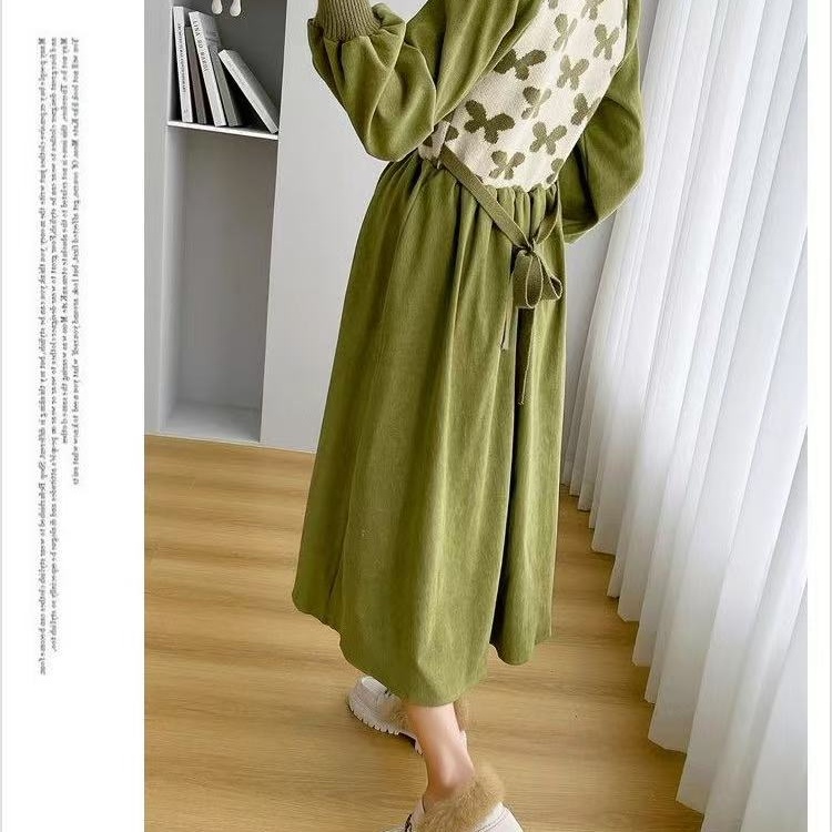Elegant France style Korean style splice knitted retro dress