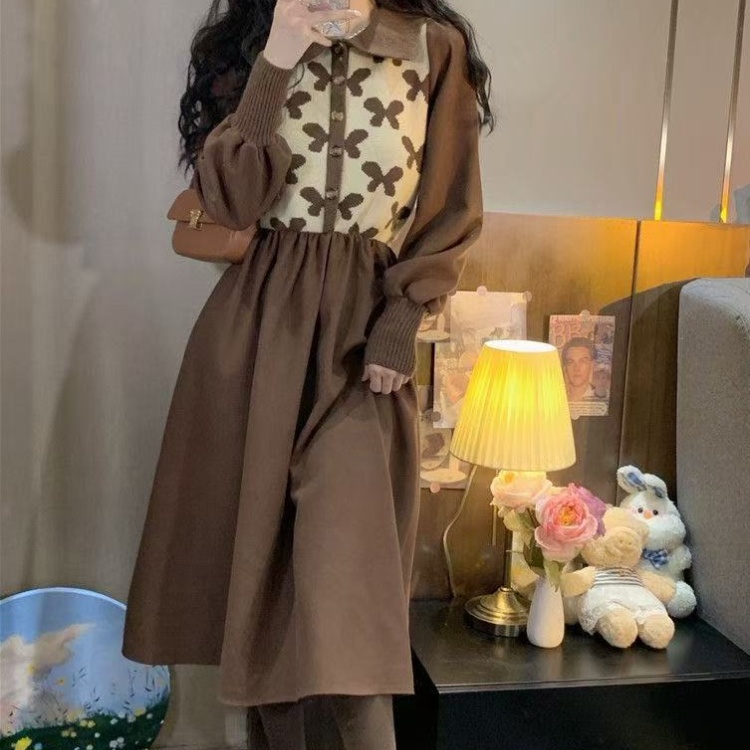 Elegant France style Korean style splice knitted retro dress