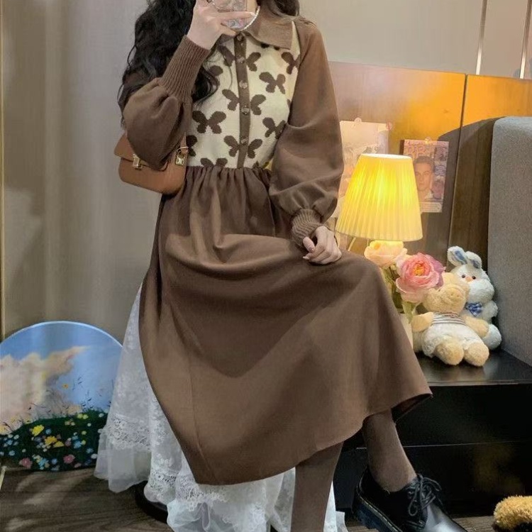 Elegant France style Korean style splice knitted retro dress