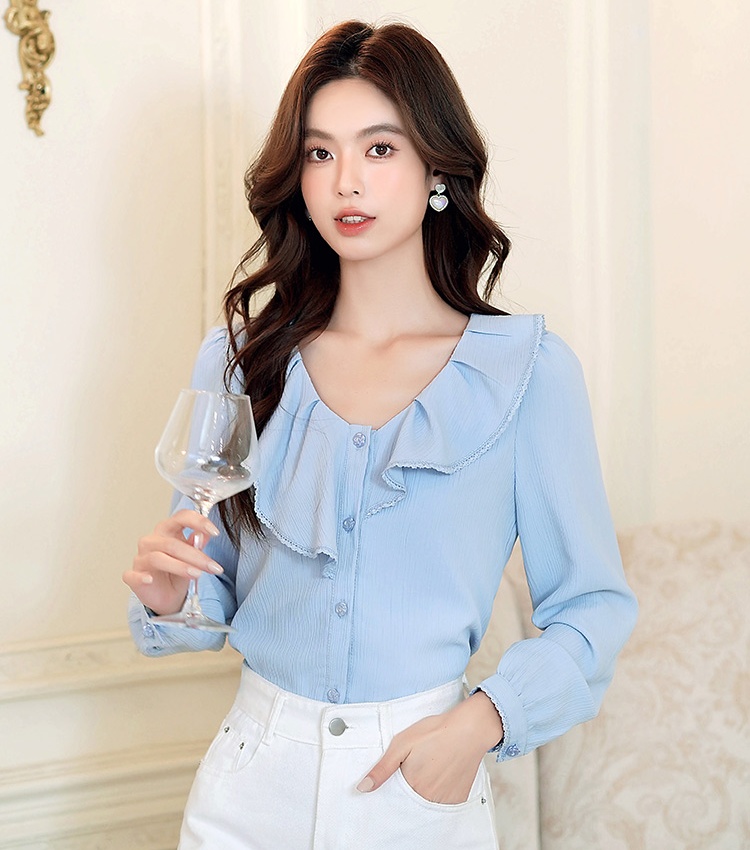 Chiffon lotus leaf edges lace shirt loose blue tops for women