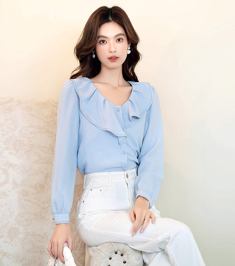 Chiffon lotus leaf edges lace shirt loose blue tops for women