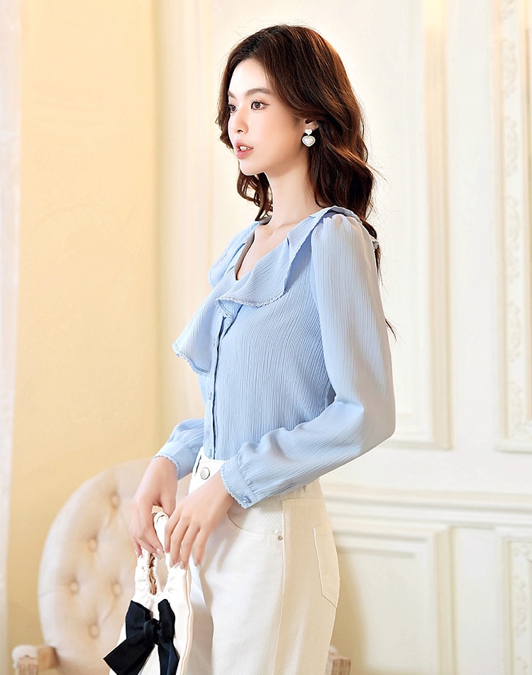 Chiffon lotus leaf edges lace shirt loose blue tops for women