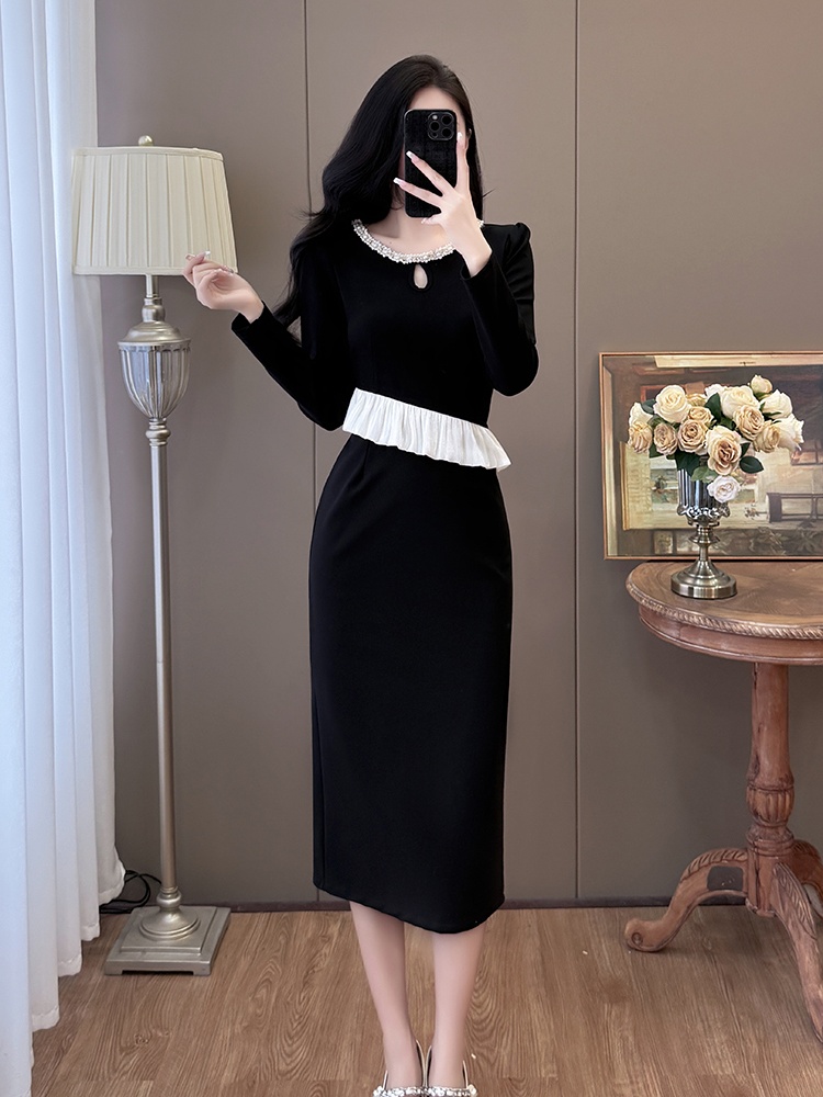 Lotus leaf edges large yard slim splice beading temperament dress