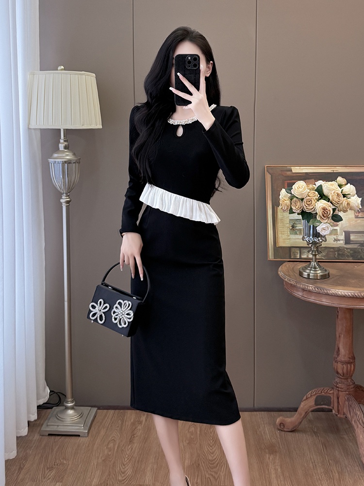 Lotus leaf edges large yard slim splice beading temperament dress