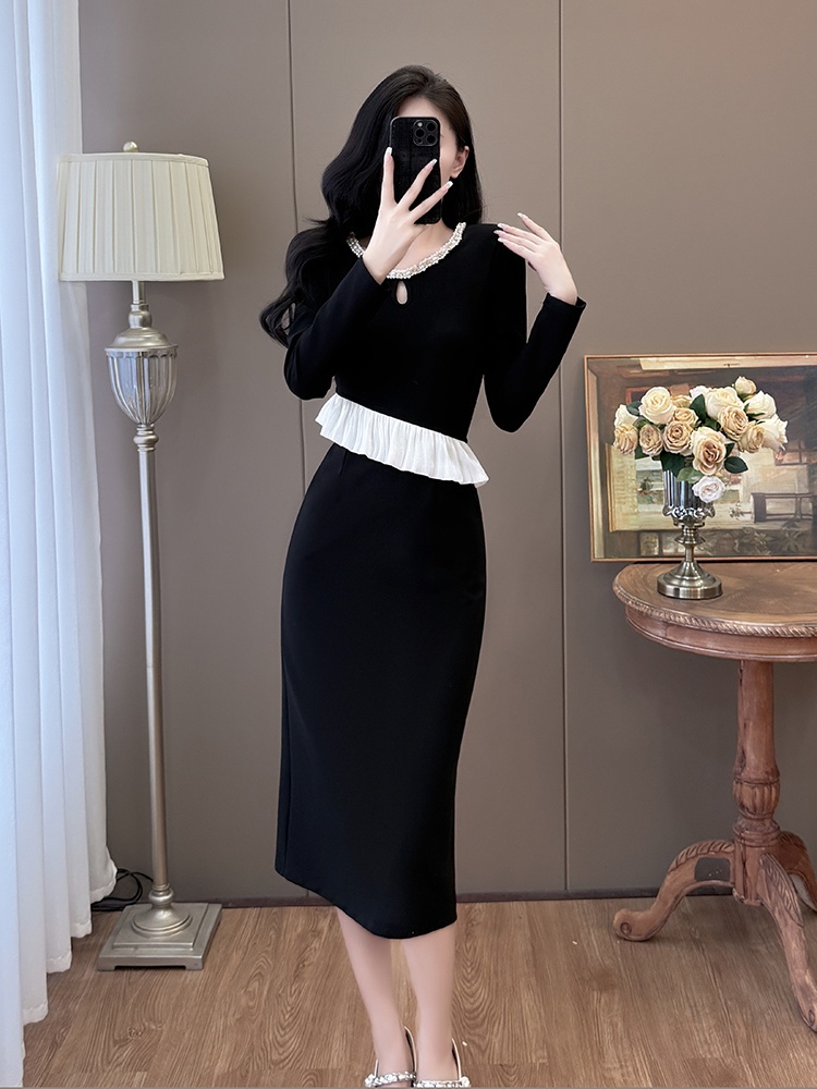 Lotus leaf edges large yard slim splice beading temperament dress