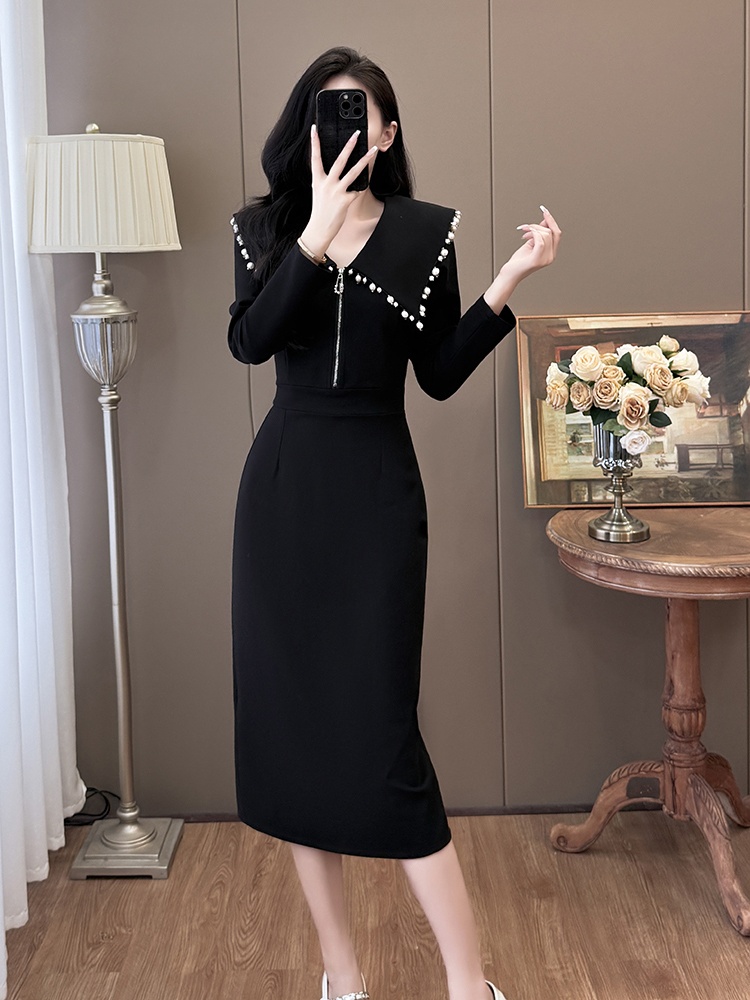 Autumn and winter lapel fashion large yard beading dress