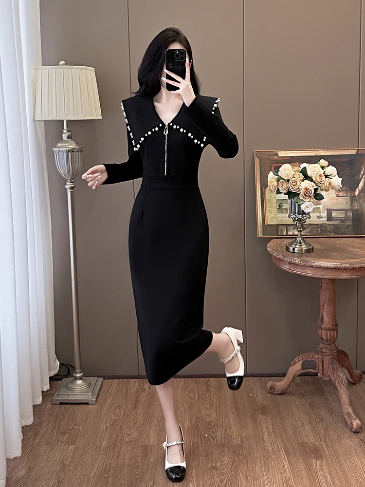 Autumn and winter lapel fashion large yard beading dress