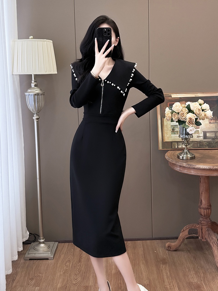 Autumn and winter lapel fashion large yard beading dress