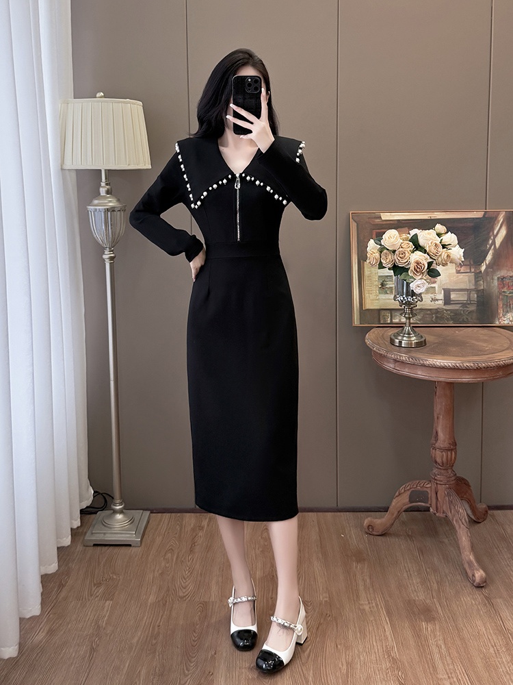 Autumn and winter lapel fashion large yard beading dress