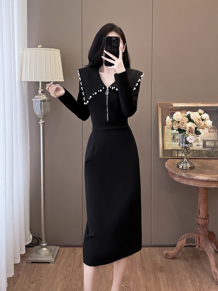Autumn and winter lapel fashion large yard beading dress