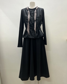PU with belt waistcoat autumn long T-shirt 4pcs set