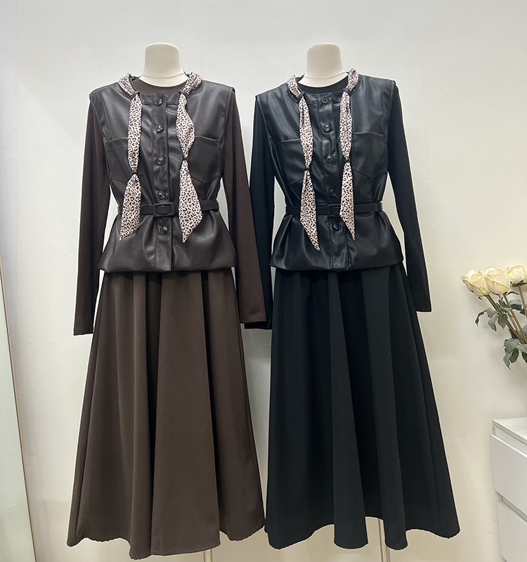 PU with belt waistcoat autumn long T-shirt 4pcs set