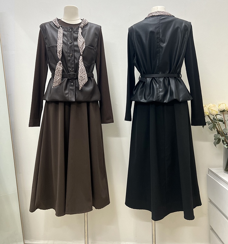 PU with belt waistcoat autumn long T-shirt 4pcs set