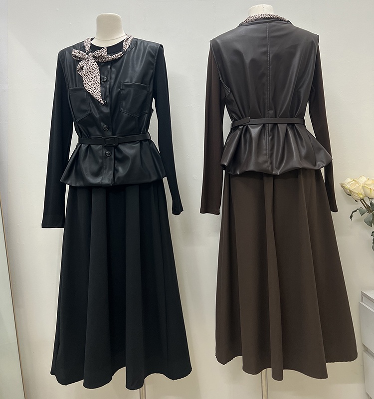 PU with belt waistcoat autumn long T-shirt 4pcs set