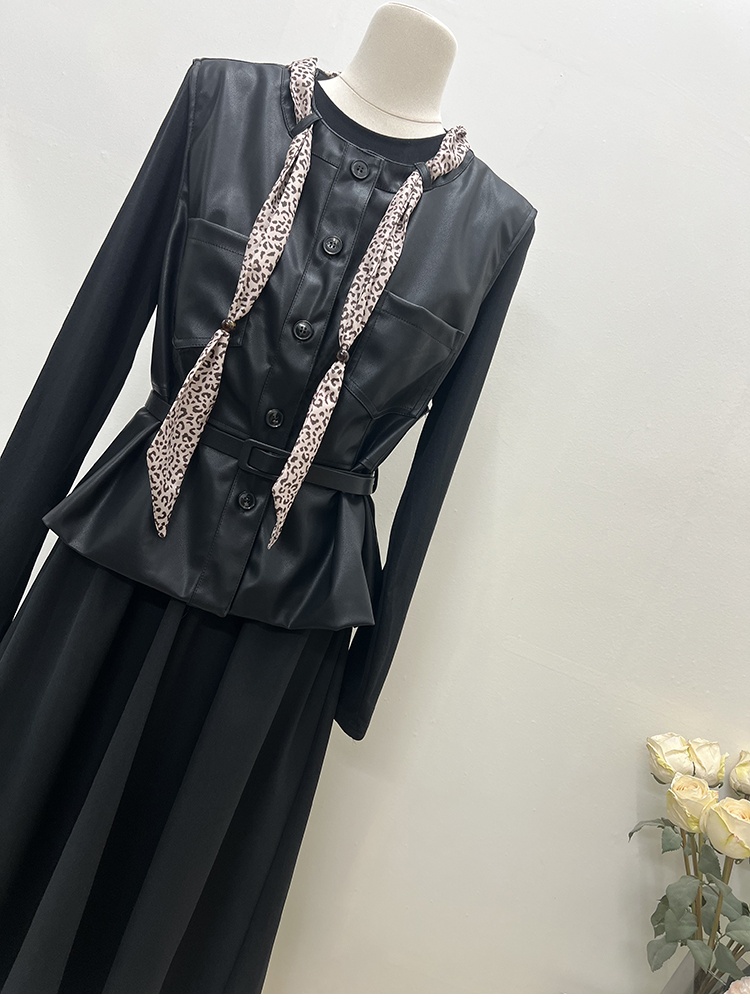 PU with belt waistcoat autumn long T-shirt 4pcs set
